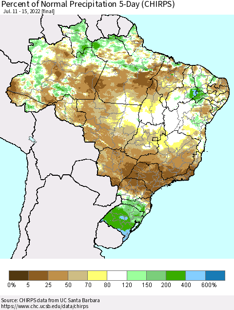 Brazil Percent of Normal Precipitation 5-Day (CHIRPS) Thematic Map For 7/11/2022 - 7/15/2022