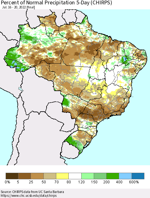 Brazil Percent of Normal Precipitation 5-Day (CHIRPS) Thematic Map For 7/16/2022 - 7/20/2022