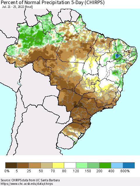 Brazil Percent of Normal Precipitation 5-Day (CHIRPS) Thematic Map For 7/21/2022 - 7/25/2022