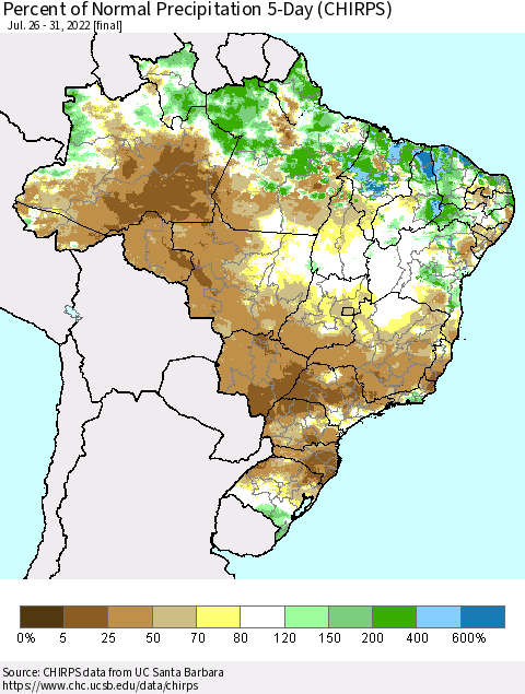 Brazil Percent of Normal Precipitation 5-Day (CHIRPS) Thematic Map For 7/26/2022 - 7/31/2022