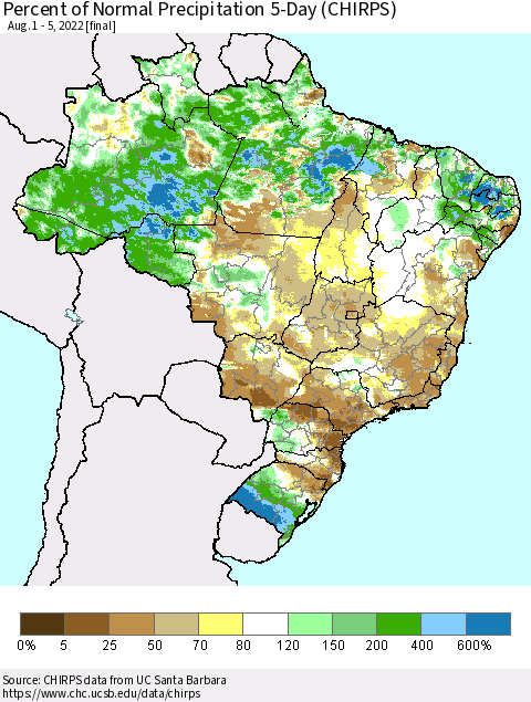 Brazil Percent of Normal Precipitation 5-Day (CHIRPS) Thematic Map For 8/1/2022 - 8/5/2022