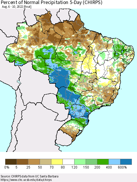 Brazil Percent of Normal Precipitation 5-Day (CHIRPS) Thematic Map For 8/6/2022 - 8/10/2022