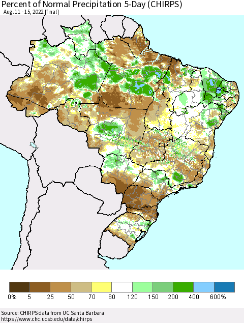 Brazil Percent of Normal Precipitation 5-Day (CHIRPS) Thematic Map For 8/11/2022 - 8/15/2022