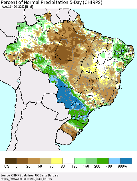 Brazil Percent of Normal Precipitation 5-Day (CHIRPS) Thematic Map For 8/16/2022 - 8/20/2022