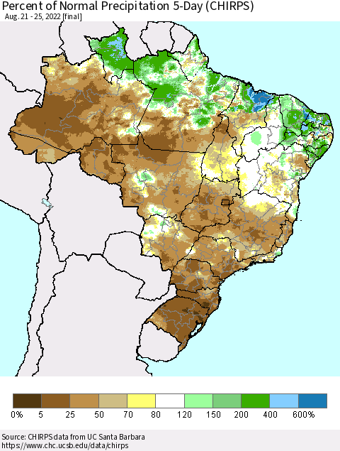 Brazil Percent of Normal Precipitation 5-Day (CHIRPS) Thematic Map For 8/21/2022 - 8/25/2022