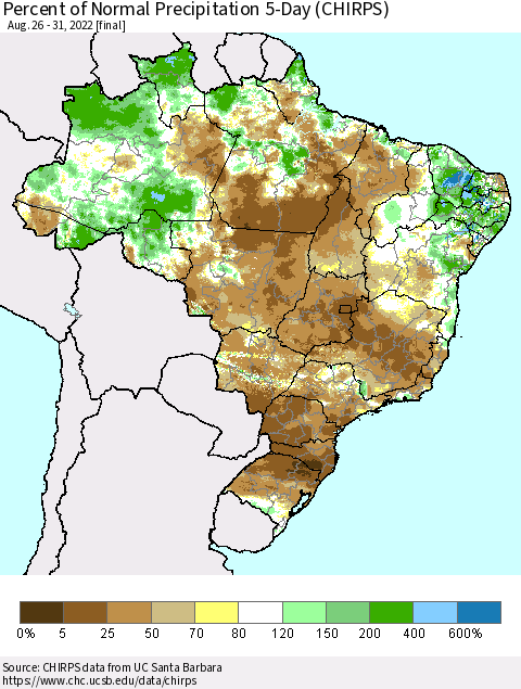 Brazil Percent of Normal Precipitation 5-Day (CHIRPS) Thematic Map For 8/26/2022 - 8/31/2022