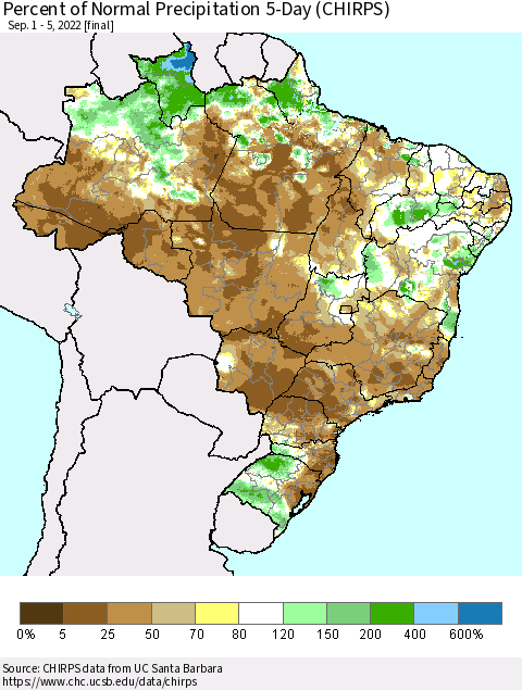 Brazil Percent of Normal Precipitation 5-Day (CHIRPS) Thematic Map For 9/1/2022 - 9/5/2022