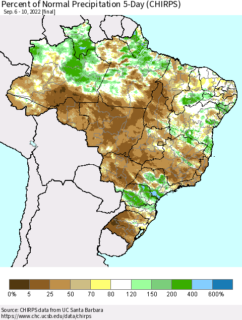 Brazil Percent of Normal Precipitation 5-Day (CHIRPS) Thematic Map For 9/6/2022 - 9/10/2022