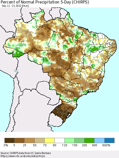 Brazil Percent of Normal Precipitation 5-Day (CHIRPS) Thematic Map For 9/11/2022 - 9/15/2022