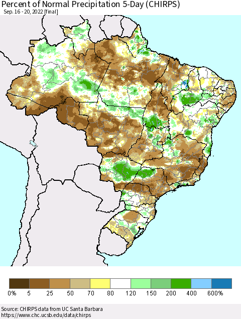 Brazil Percent of Normal Precipitation 5-Day (CHIRPS) Thematic Map For 9/16/2022 - 9/20/2022