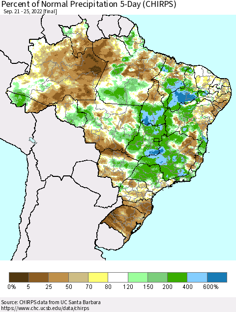 Brazil Percent of Normal Precipitation 5-Day (CHIRPS) Thematic Map For 9/21/2022 - 9/25/2022