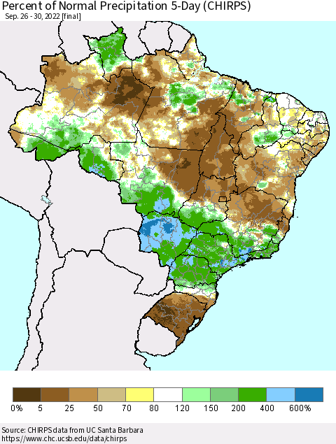 Brazil Percent of Normal Precipitation 5-Day (CHIRPS) Thematic Map For 9/26/2022 - 9/30/2022