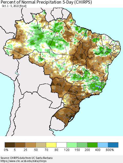 Brazil Percent of Normal Precipitation 5-Day (CHIRPS) Thematic Map For 10/1/2022 - 10/5/2022