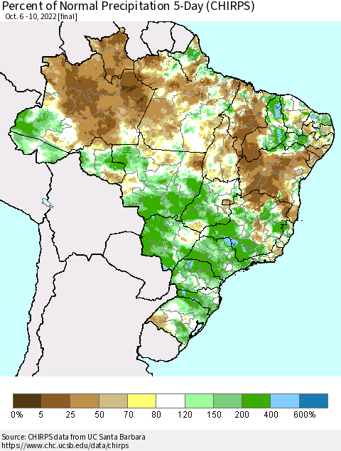 Brazil Percent of Normal Precipitation 5-Day (CHIRPS) Thematic Map For 10/6/2022 - 10/10/2022