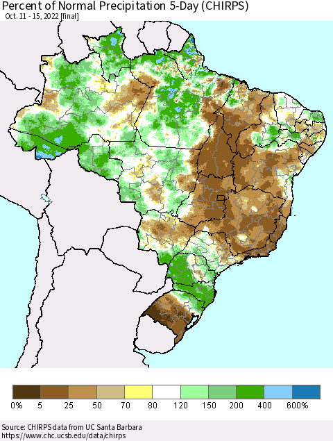 Brazil Percent of Normal Precipitation 5-Day (CHIRPS) Thematic Map For 10/11/2022 - 10/15/2022