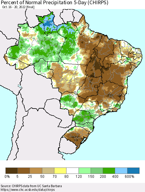 Brazil Percent of Normal Precipitation 5-Day (CHIRPS) Thematic Map For 10/16/2022 - 10/20/2022