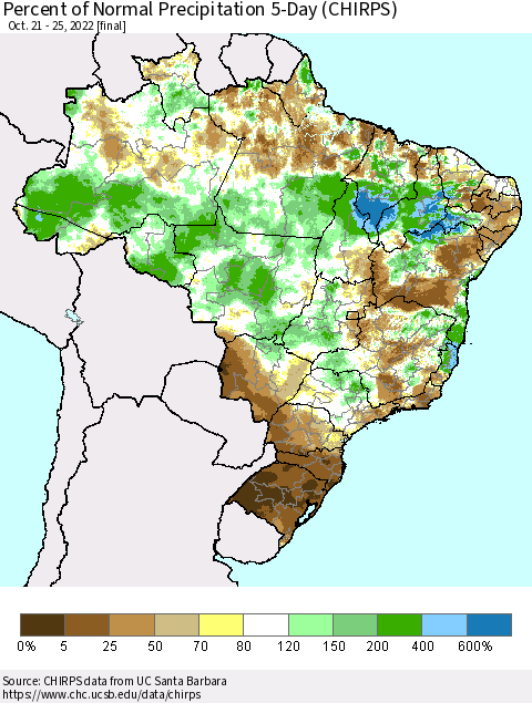 Brazil Percent of Normal Precipitation 5-Day (CHIRPS) Thematic Map For 10/21/2022 - 10/25/2022