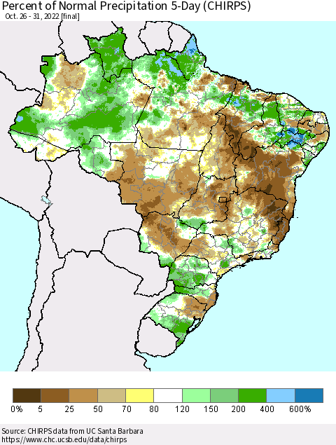 Brazil Percent of Normal Precipitation 5-Day (CHIRPS) Thematic Map For 10/26/2022 - 10/31/2022