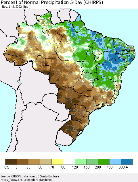 Brazil Percent of Normal Precipitation 5-Day (CHIRPS) Thematic Map For 11/1/2022 - 11/5/2022