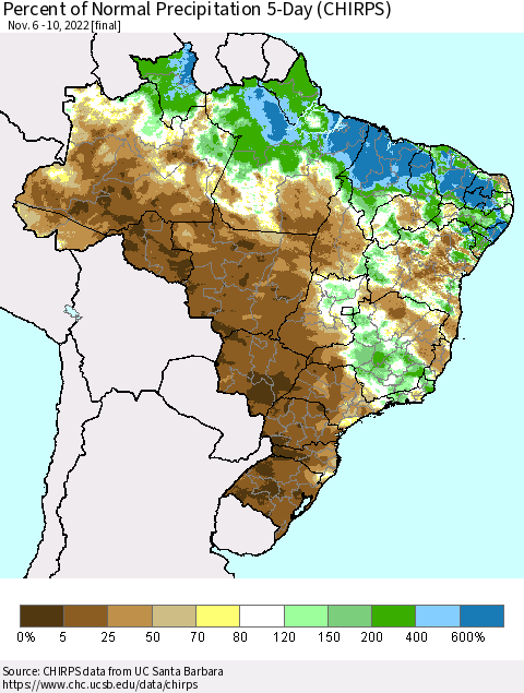 Brazil Percent of Normal Precipitation 5-Day (CHIRPS) Thematic Map For 11/6/2022 - 11/10/2022