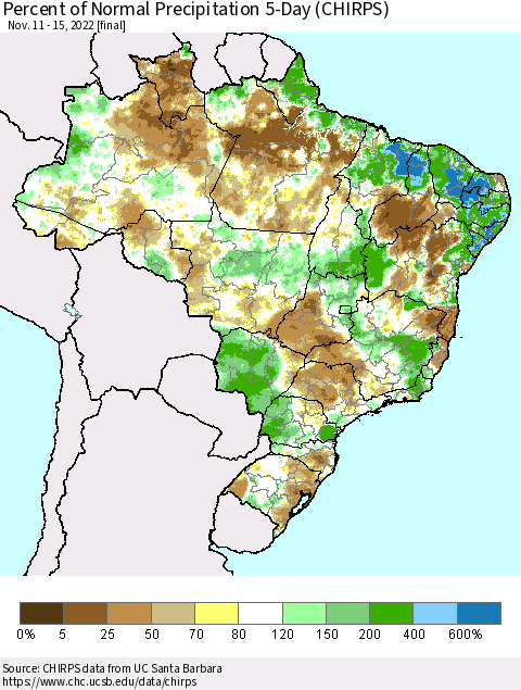 Brazil Percent of Normal Precipitation 5-Day (CHIRPS) Thematic Map For 11/11/2022 - 11/15/2022