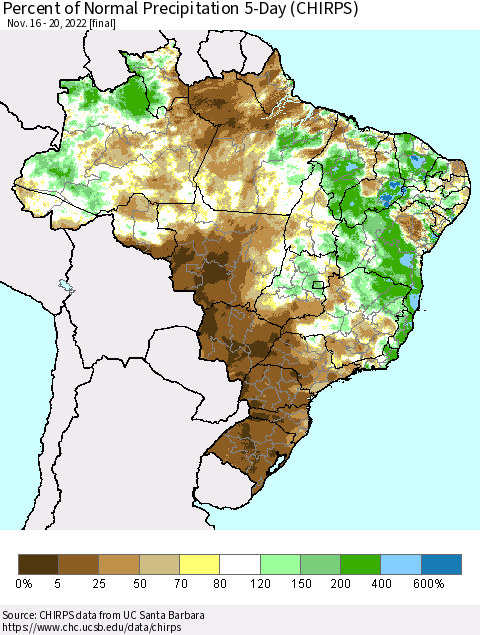 Brazil Percent of Normal Precipitation 5-Day (CHIRPS) Thematic Map For 11/16/2022 - 11/20/2022