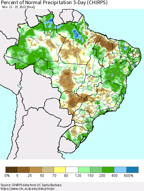 Brazil Percent of Normal Precipitation 5-Day (CHIRPS) Thematic Map For 11/21/2022 - 11/25/2022
