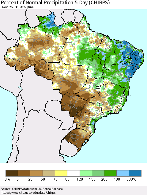 Brazil Percent of Normal Precipitation 5-Day (CHIRPS) Thematic Map For 11/26/2022 - 11/30/2022