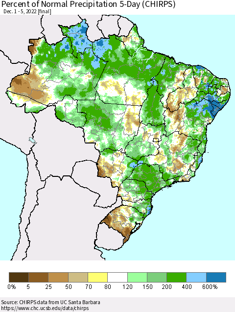 Brazil Percent of Normal Precipitation 5-Day (CHIRPS) Thematic Map For 12/1/2022 - 12/5/2022