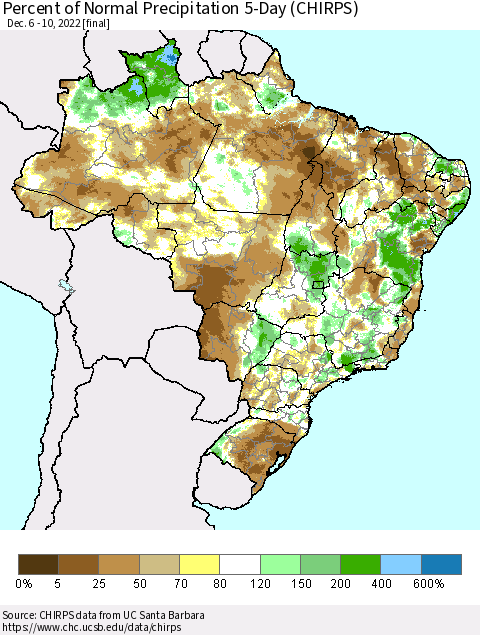 Brazil Percent of Normal Precipitation 5-Day (CHIRPS) Thematic Map For 12/6/2022 - 12/10/2022