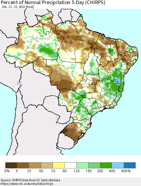 Brazil Percent of Normal Precipitation 5-Day (CHIRPS) Thematic Map For 12/11/2022 - 12/15/2022