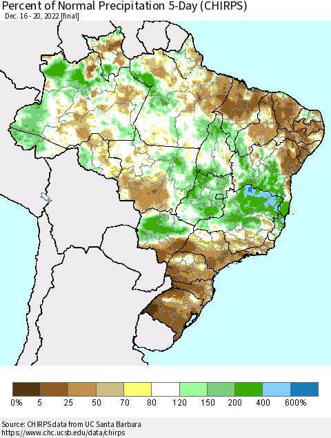 Brazil Percent of Normal Precipitation 5-Day (CHIRPS) Thematic Map For 12/16/2022 - 12/20/2022
