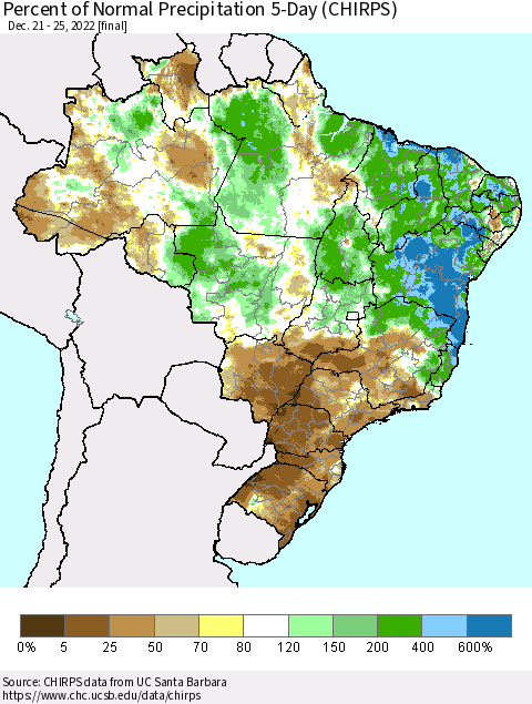 Brazil Percent of Normal Precipitation 5-Day (CHIRPS) Thematic Map For 12/21/2022 - 12/25/2022