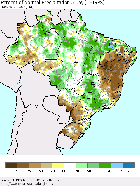 Brazil Percent of Normal Precipitation 5-Day (CHIRPS) Thematic Map For 12/26/2022 - 12/31/2022