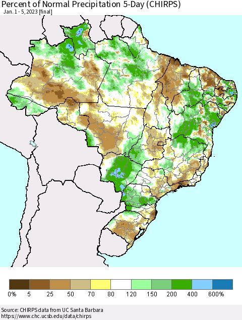 Brazil Percent of Normal Precipitation 5-Day (CHIRPS) Thematic Map For 1/1/2023 - 1/5/2023