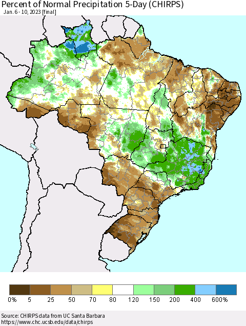 Brazil Percent of Normal Precipitation 5-Day (CHIRPS) Thematic Map For 1/6/2023 - 1/10/2023