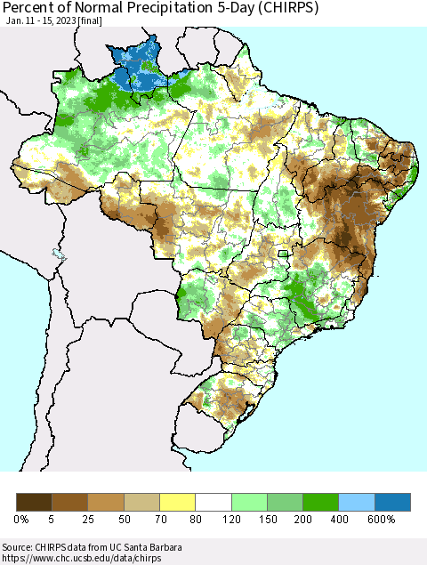 Brazil Percent of Normal Precipitation 5-Day (CHIRPS) Thematic Map For 1/11/2023 - 1/15/2023