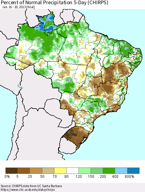 Brazil Percent of Normal Precipitation 5-Day (CHIRPS) Thematic Map For 1/16/2023 - 1/20/2023