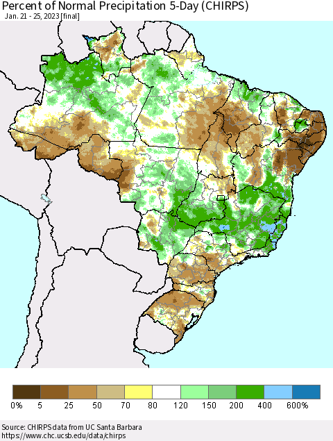 Brazil Percent of Normal Precipitation 5-Day (CHIRPS) Thematic Map For 1/21/2023 - 1/25/2023