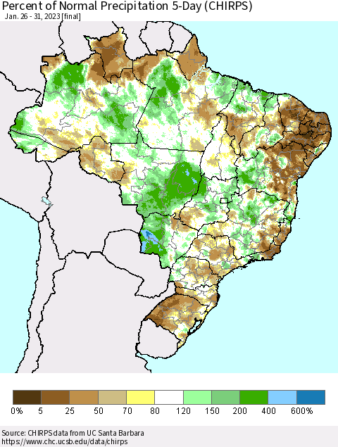 Brazil Percent of Normal Precipitation 5-Day (CHIRPS) Thematic Map For 1/26/2023 - 1/31/2023