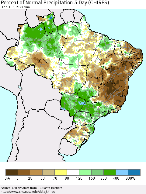 Brazil Percent of Normal Precipitation 5-Day (CHIRPS) Thematic Map For 2/1/2023 - 2/5/2023