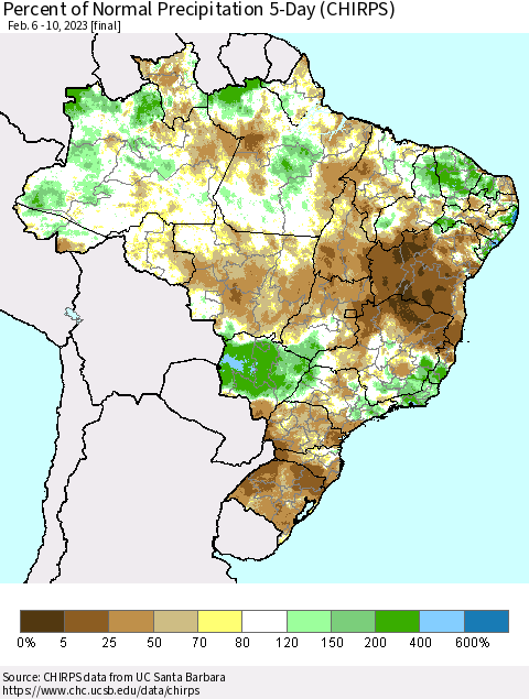 Brazil Percent of Normal Precipitation 5-Day (CHIRPS) Thematic Map For 2/6/2023 - 2/10/2023