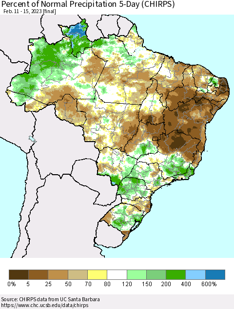 Brazil Percent of Normal Precipitation 5-Day (CHIRPS) Thematic Map For 2/11/2023 - 2/15/2023