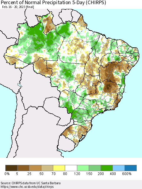 Brazil Percent of Normal Precipitation 5-Day (CHIRPS) Thematic Map For 2/16/2023 - 2/20/2023