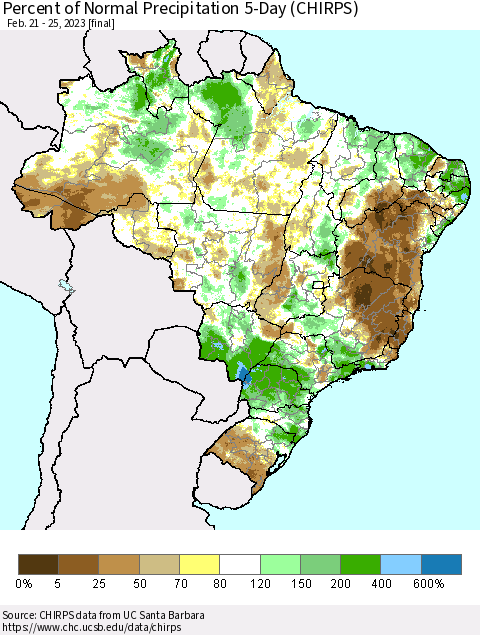 Brazil Percent of Normal Precipitation 5-Day (CHIRPS) Thematic Map For 2/21/2023 - 2/25/2023