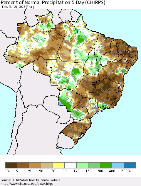 Brazil Percent of Normal Precipitation 5-Day (CHIRPS) Thematic Map For 2/26/2023 - 2/28/2023