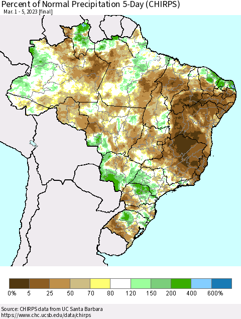 Brazil Percent of Normal Precipitation 5-Day (CHIRPS) Thematic Map For 3/1/2023 - 3/5/2023