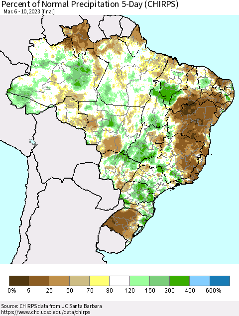 Brazil Percent of Normal Precipitation 5-Day (CHIRPS) Thematic Map For 3/6/2023 - 3/10/2023