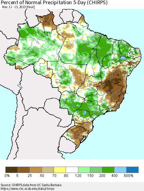Brazil Percent of Normal Precipitation 5-Day (CHIRPS) Thematic Map For 3/11/2023 - 3/15/2023