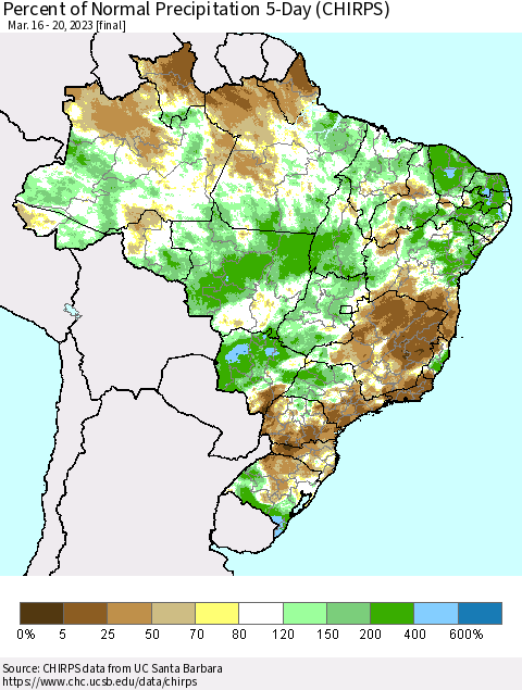Brazil Percent of Normal Precipitation 5-Day (CHIRPS) Thematic Map For 3/16/2023 - 3/20/2023